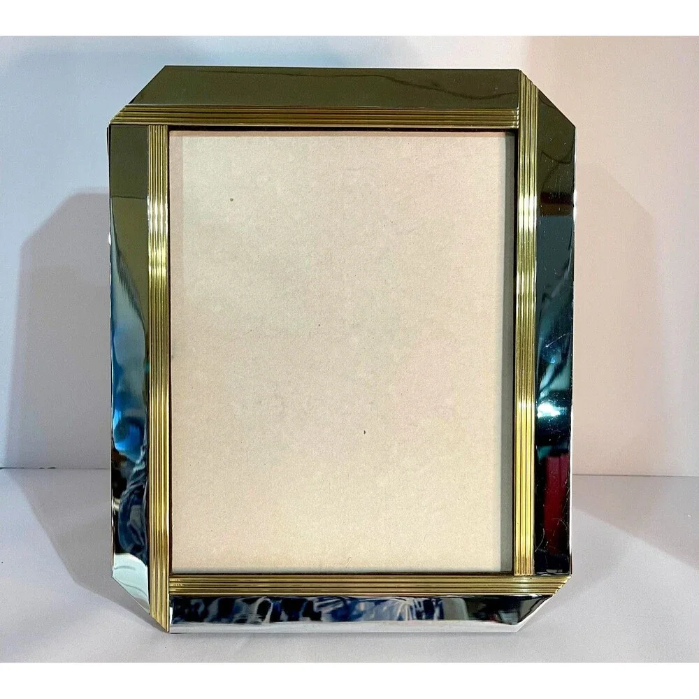Art Deco Style Chrome & Gold Ribbed 8x10 Picture Frame Heavy Tabletop-Vintage
